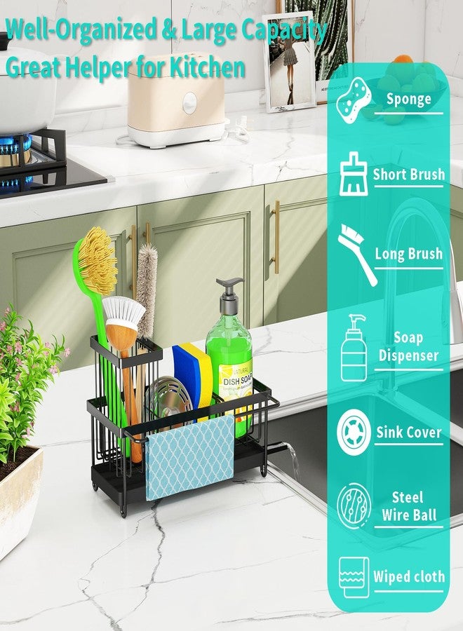 Godboat Sponge Holder for Kitchen Sink - Stainless Steel Sink Caddy Organizer with Towel & Brush Rack, Auto-Drain & 360° Swivel Spout, Bathroom Organizer for Soap Dispenser, Black (9.25" W X 4.1" D) - Image 3